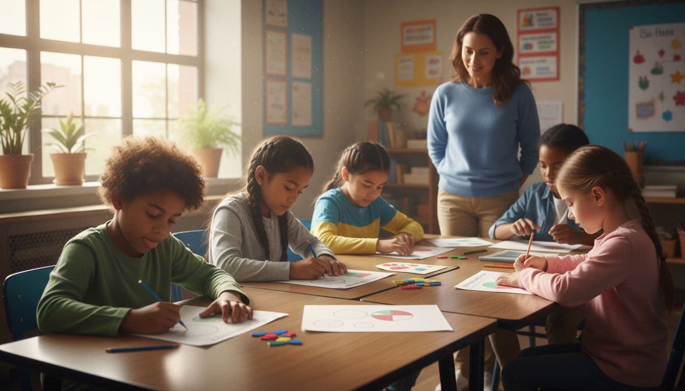 A diverse group of six elementary students in a classroom working on math fractions worksheets at various stages, some drawing circles and others shading parts, with the teacher observing nearby under natural window light in a realistic photo style.