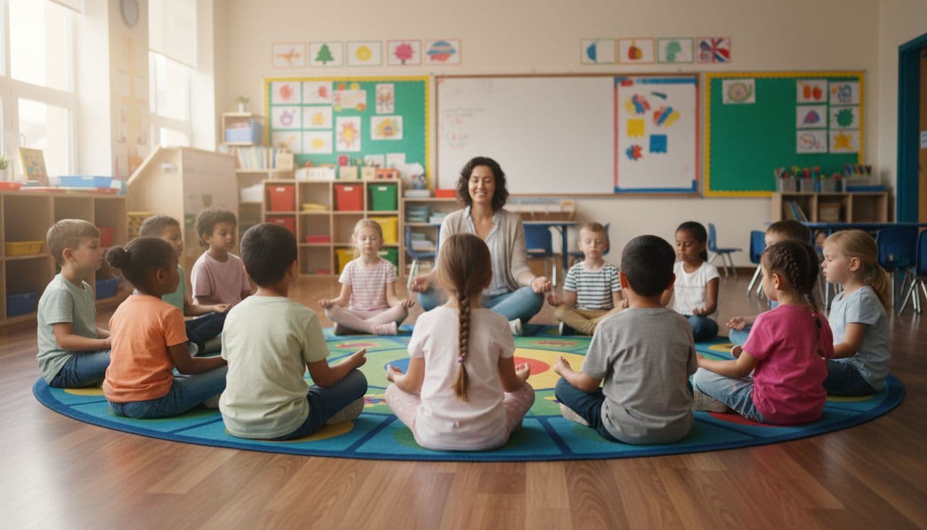 Teacher guides 12 diverse students sitting cross-legged in circle, eyes closed hands on knees breathing deeply in sunlit classroom.