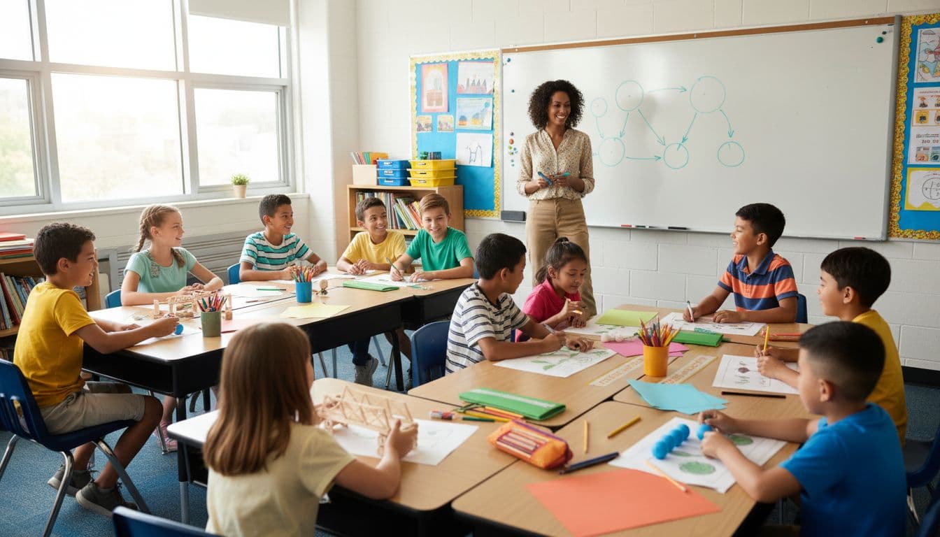 Diverse elementary students in small groups build models and draw diagrams at tables while teacher demonstrates on whiteboard.