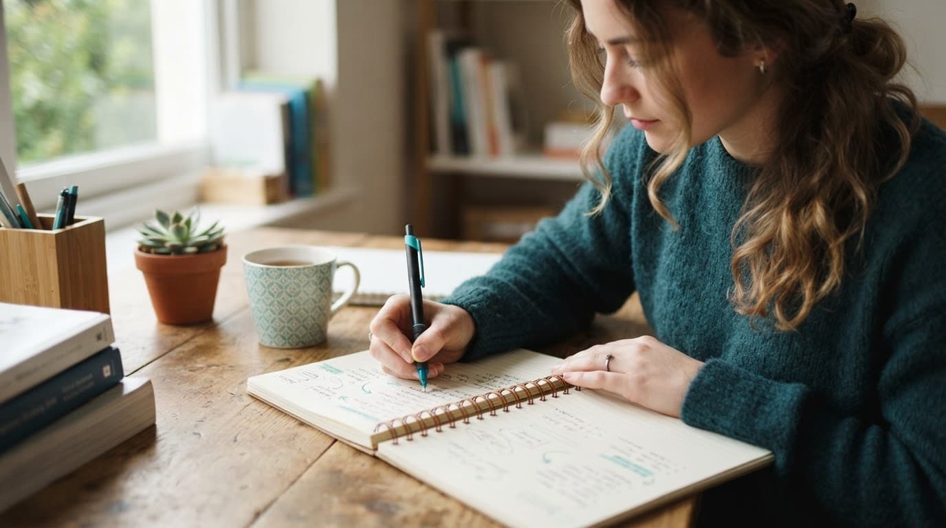 Student writing notes in a notebook at a wooden desk with teal accents.