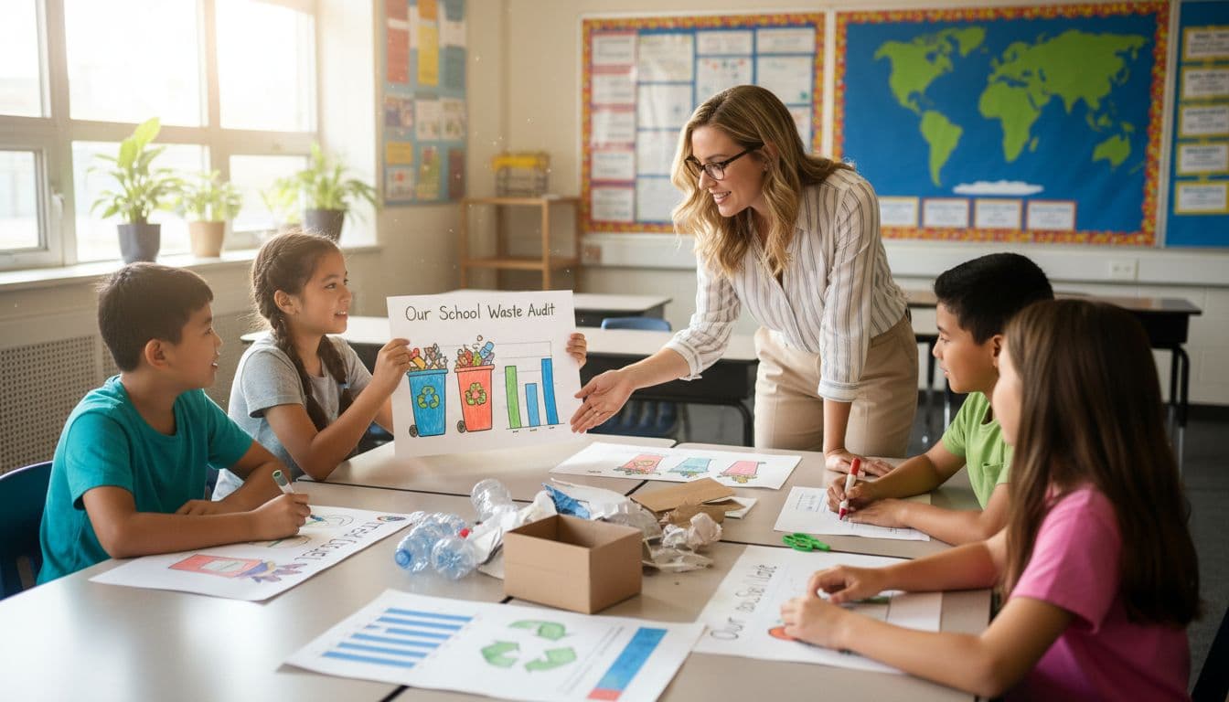 A group of four diverse middle school students collaborates at a table on a school waste reduction project using posters, charts, and recycled materials, with their teacher providing feedback nearby in a bright, naturally lit classroom.