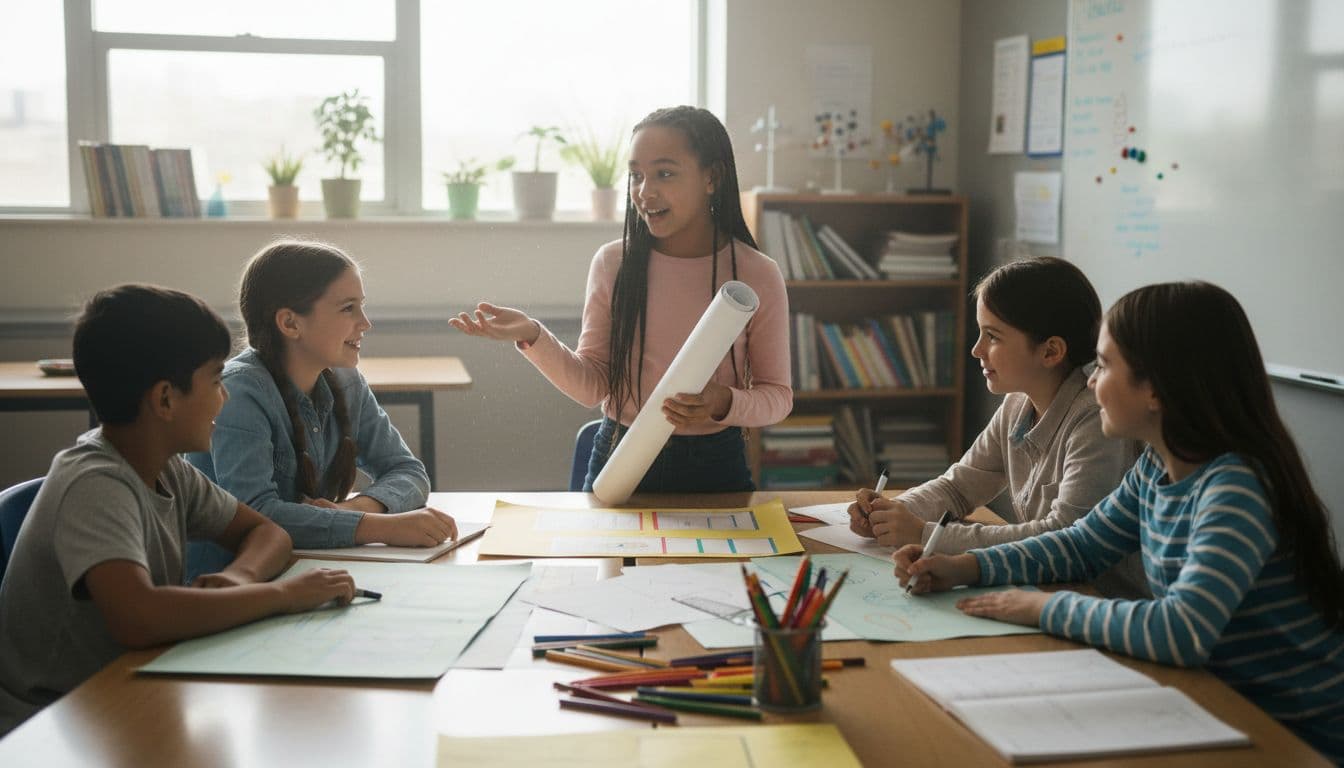 Five diverse middle school students gather around a table with papers and markers, one leading a smiling discussion in a bright classroom.