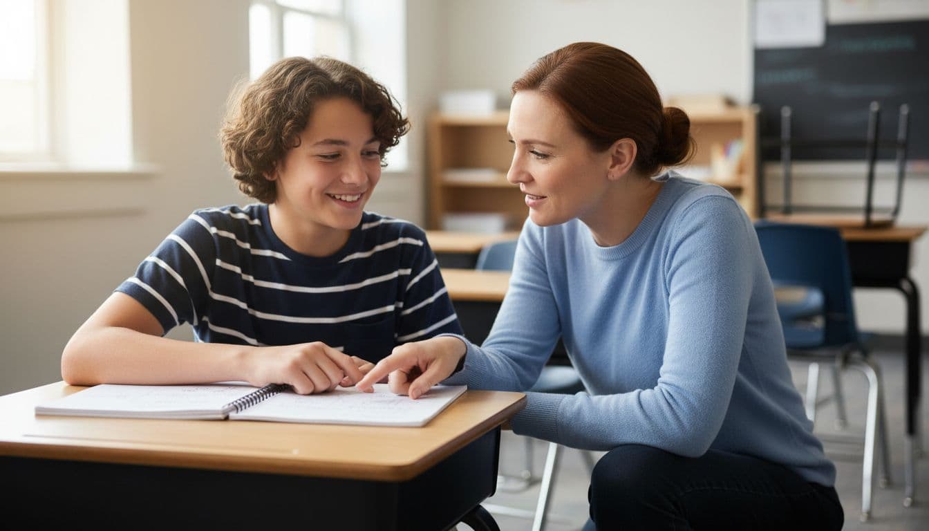 Teacher kneels beside desk discussing notebook with smiling middle school student in blurred classroom.